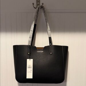 Calvin Klein Black Pebbled Leather Tote with Gold Logo Accent